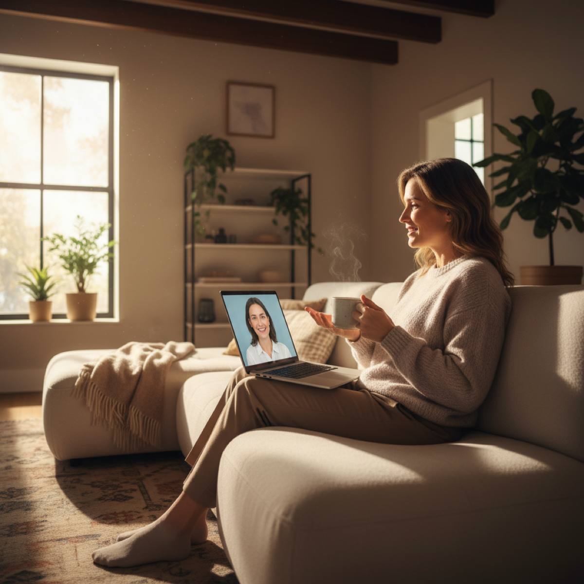 Client attending an online therapy session from home